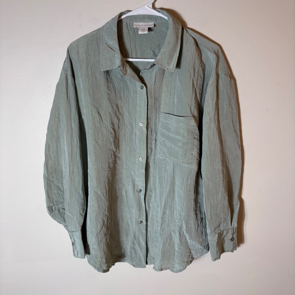 House of Harlow 1960 Crinkle Button-Up Blouse Sage Green Size Medium